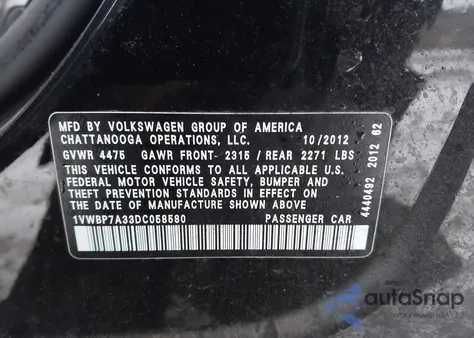 2013 Volkswagen Passat 2.5L Se из США, поврежденный, VIN 1VWBP7A33DC058580